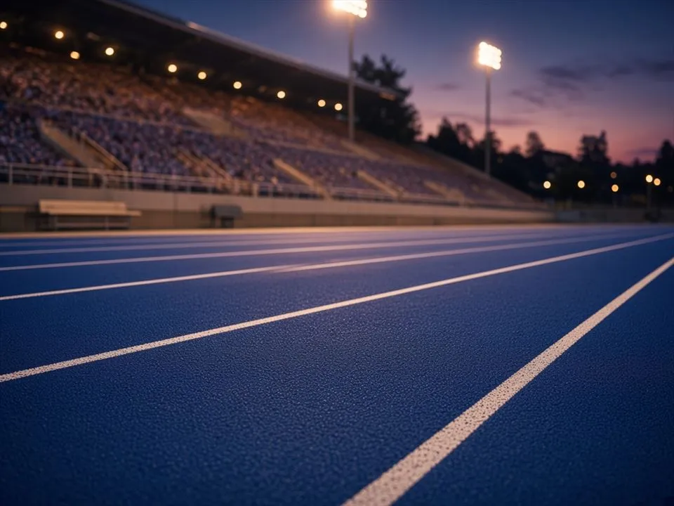 A college track under stadium lights